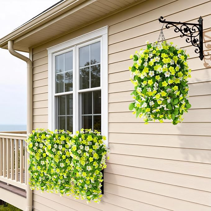 2 Pack Artificial Hanging Flowers, Fake Flowers Hanging Plant Violet Flower, Artificial Faux Silk Spring Flower for Wall Front Door Yard Garden Wedding Outdoor Decoration(Yellow White)