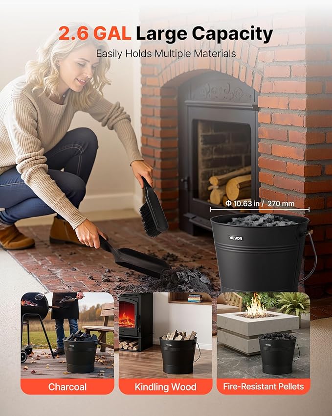 VEVOR Ash Bucket, 4 PCS with Lid, Shovel, Broom and Gloves, Metal Fireplace Charcoal Bucket and Ash Can, 2.6 GAL Large Capacity for Fireplace, Fire Pits, Wood Burning Stoves, Indoor and Outdoor