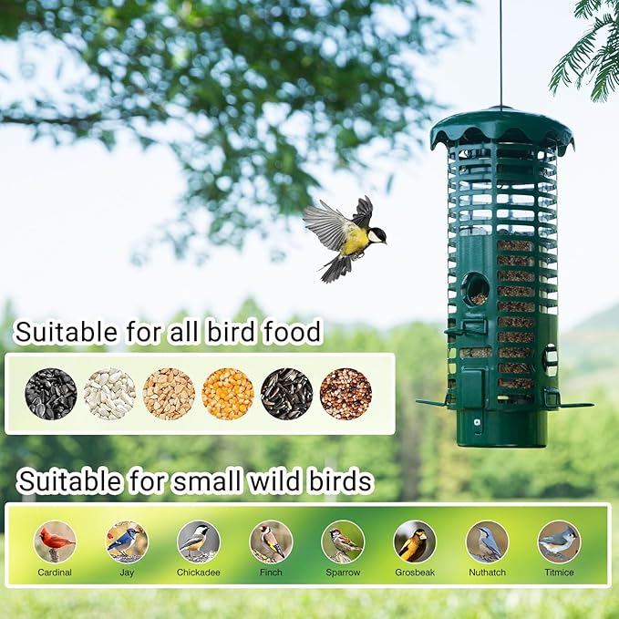 Squirrel Proof Bird Feeder Metal Mesh for Outdoors Hanging Weight Activated Perches,Weatherproof Wild Bird Feeders for Finch, Cardinal Chickadee, Blue Jay 2LB Seed Capacity(Green)
