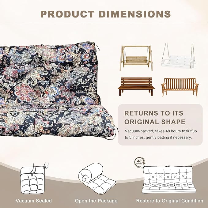 Porch Swing Cushion with Backrest,Waterproof Bench Cushion for Outdoor Furniture,2-3 Seater Replacement Thickened Swing Cushion with Ties,Patio,Outdoor,Backyard and Garden (Vintage Paisley,60x40")
