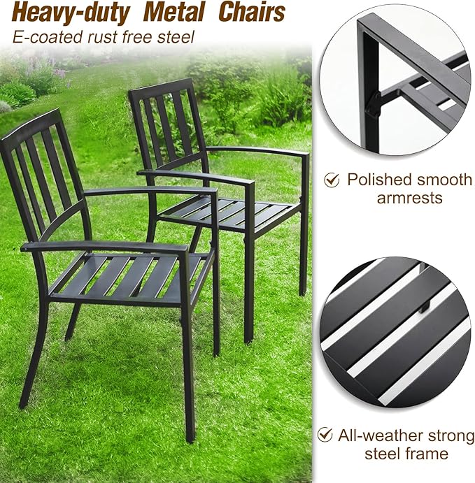PHI VILLA 7 Pieces Outdoor Dining Set for 6, 65” Brown Wood-Like Metal Steel Dining Table & Stackable Black Iron Chairs, Large Outside Furniture Set for Patio, Deck, Yard, Porch