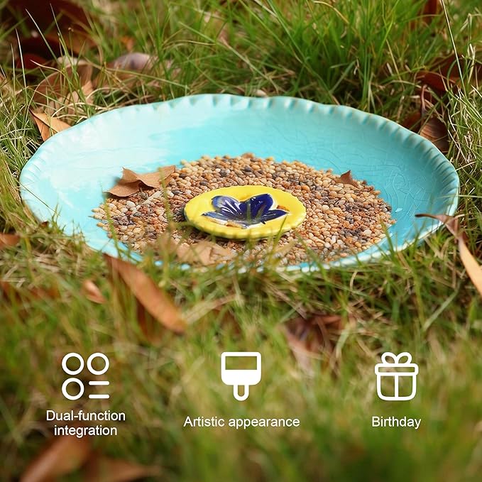 Topadorn 12.25in Ceramic Bird Bath for Outdoors, Large Bird Bath Bowl for Garden Lawn Balcony Patio Yard Tabletop Ground Decor, Blue with Yellow Flower