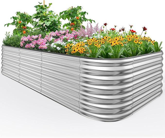 Quictent Galvanized Tall Raised Garden Bed Kit, 8x4x2 ft Oval Large Planting Box Rubber Strip Edging, for Vegetables Outdoor Strengthened by Crossbar (Silver)