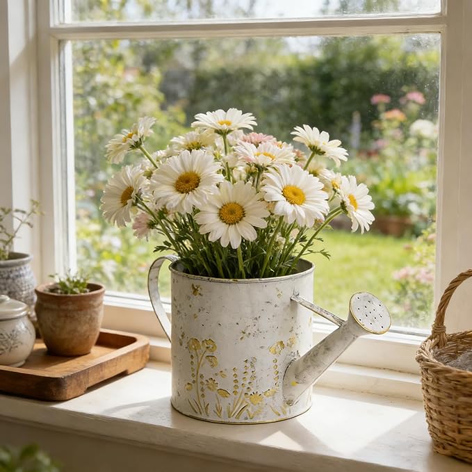 Vintage Metal Watering Can Planter with Embossed Floral - Distressed White Decorative Watering Pot for Indoor/Outdoor Flowers, Succulents & Herbs, Rustic Home Decor Accent
