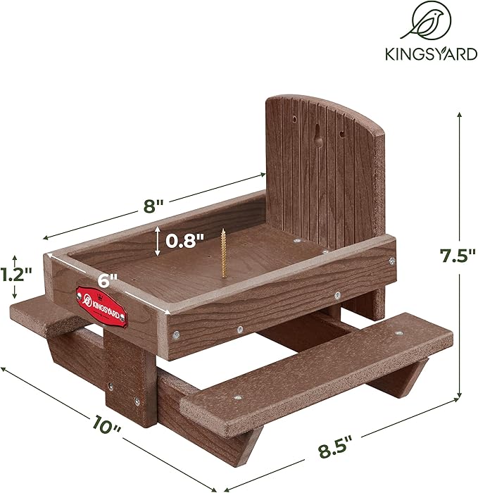 Kingsyard Squirrel Feeder Table for Outside, Recycled Plastic Squirrel & Chipmunk Picnic Table Feeder with Corn Cob Holder, 2 x Solid Structure Benches, Easy to Clean (Brown)