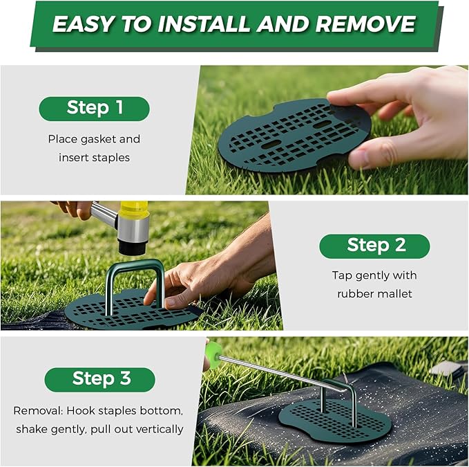 6 Inch Landscape Fabric Staples, 100Pcs Garden Stakes Galvanized +100Pcs Gasket +Pick Hook +Rubber Mallet, U Shaped Weed Barrier Stakes 11 Gauge Lawn Staples Landscape Pins for Yard, Sod, Weed Mat
