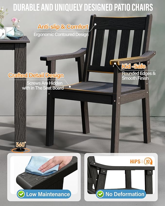 YEFU Patio Dining Chairs Set of 4: All Weather Outdoor Dining Chairs with Wide Curved Seat and Backrest - Outdoor Furniture Plastic for Outside Backyard/Garden/Porch/Deck 350lbs Capacity Black