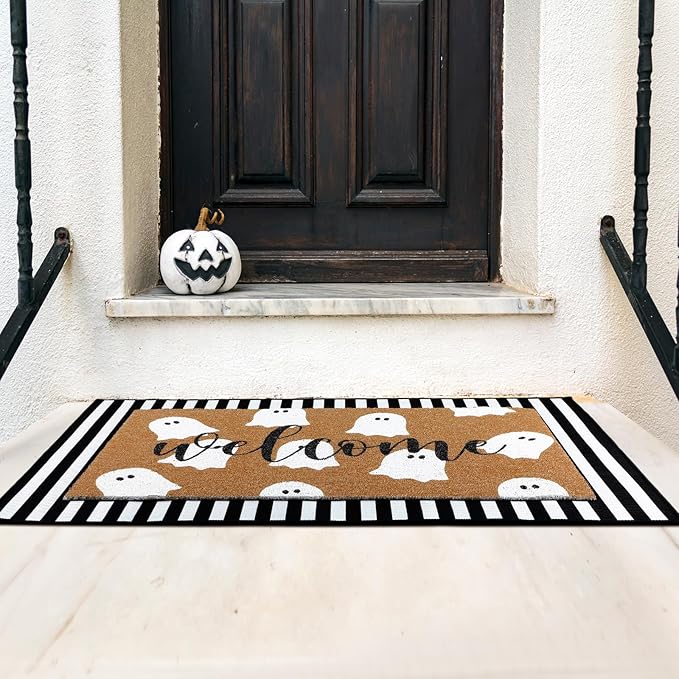 Tinideya 2 Pcs Halloween Welcome Door Mat Ghost Outdoor Welcome Mats for Front Door Non Slip Cute Ghost Coir Floor Mat Black White Stripe Halloween Rug for Outside Front Porch Entryway Decor