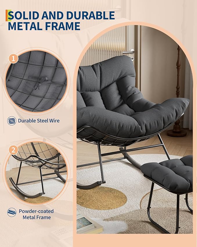 GarveeLife Oversized Papasan Rocking Chair with Footrest, Outdoor Lounge Chair with Ottoman and Sturdy Metal Frame, Patio Rattan Egg Rocker for Balcony Backyard Porch Bedroom, Grey
