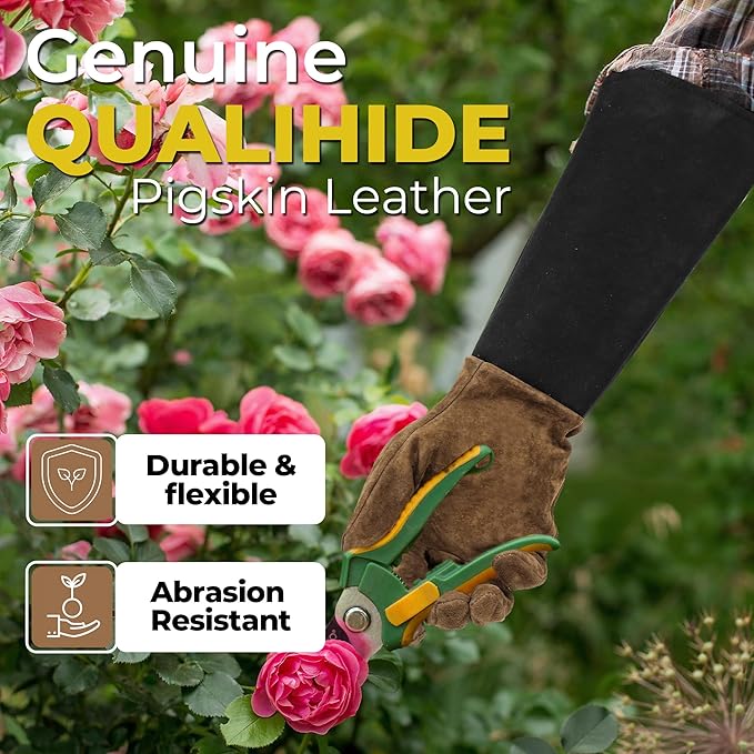 HANDLANDY Long Gardening Gloves for Men & Women, Pigskin Leather Rose Pruning Gloves, Breathable Thorn Proof Gauntlet Glove (Brown-Pigskin, XL)