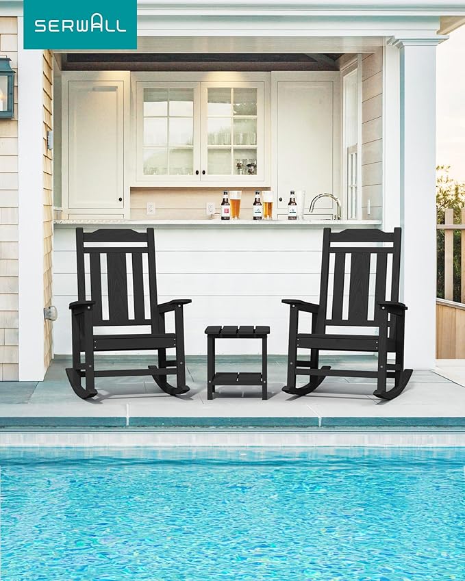 SERWALL Oversized Rocking Chair Outdoor, HDPE Outdoor Rocking Chair, Black