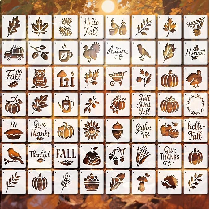 Fall Stencils 56PCS 4in Reusable Plastic Templates Fall Craft Paint Stencil DIY Crafts Thanksgiving Autumn Decoration for Fabrics Window Wall Home Wood(4inch 56 Pack)