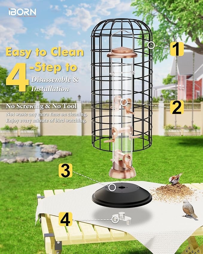 iBorn Bird Feeders Hanging - Squirrel Proof Bird Feeders for Outdoors, Pigeon Proof Caged Feeder, Heavy Duty All Metal Copper 14 Inch, Hanging Cage Feeder for Mix Seed Blends & Garden