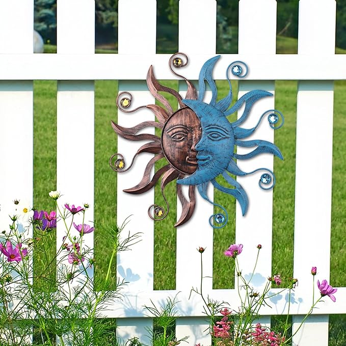 MUMTOP Metal Sun Moon Wall Decor, 13.26 Inch Outdoor Fence Wall Art, Hanging Decoration for Garden Yard Living Room Bedroom Patio Balcony