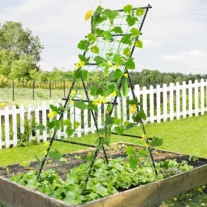 Cucumber Trellis for Raised Bed, 6ft Metal A-Frame Garden Trellis for Climbing Plants Outdoor Support Vine Fruits Grape Vegetable Squash Tomato Pea Bean Trellis, with Netting, Black