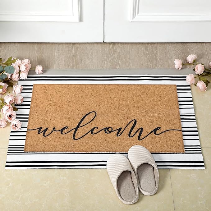 Tinideya 2 Pcs Summer Door Mat Non Slip Wildflower Coastal Hello Sunshine Sweet Home Ocean Pet Welcome Floor Doormat Buffalo Plaid Checked Stripe Mat Seasonal for Front Porch Entryway(Welcome)