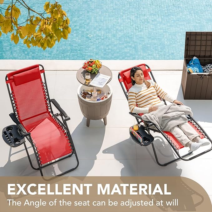Devoko Patio Zero Gravity Chair Outdoor Folding Adjustable Reclining Chairs Pool Side Using Lawn Lounge Chair with Pillow Set of 2 (Red)