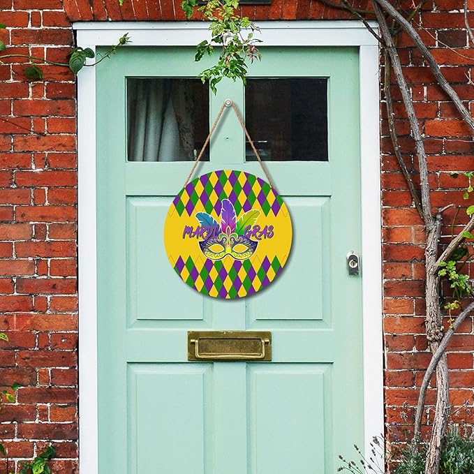 Mardi Gras Crawfish Door Sign For Front Door Decor,Purple Yellow Green Diamond Wooden Sign 12"x 12" Round Wood Hanging Door Sign Decoration for Wall Rustic Farmhouse Decor