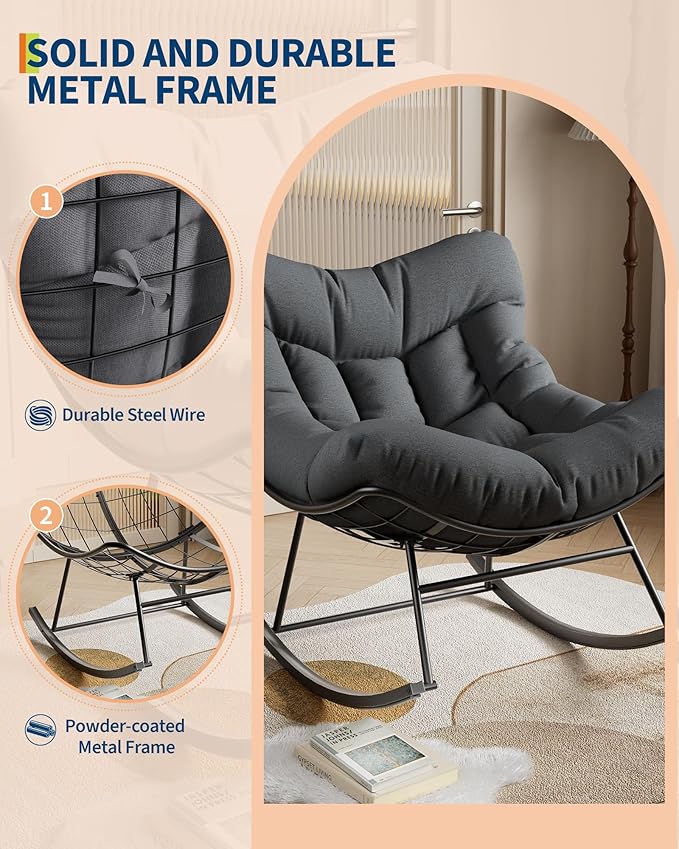GarveeLife Outdoor Papasan Rocking Chair, Oversized Rocking Chair with Sturdy Metal Frame, Patio Rattan Egg Rocker for Balcony Backyard Porch Bedroom, Grey
