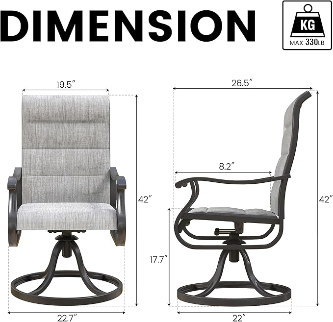 Patio Swivel Chairs Set of 6, Outdoor Dining Chairs with High Back, All-Weather Swivel Rocker Chair for Lawn, Porch or Garden (Padded Grey)