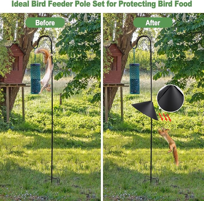 Matte Black Bird Feeder Pole with Squirrel Baffle 80" Tall Heave Duty Squirrel Proof Pole with Shepherd Hook 5 Prongs Base for Outdoor Hummingbird Feeders (No Bird Feeder)