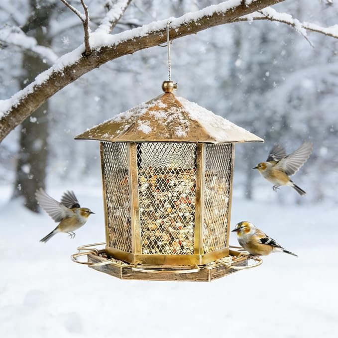 Wild Birds Feeder, Finch Bird Feeder for Outdoors, Metal Hexagonal Gazebo Birdfeeder for Garden Patio Outside Hanging