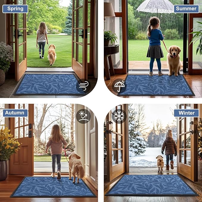 Smiry Front Door Mat Indoor Outdoor Entrance, Heavy Duty Natural Rubber, Trap Dirt and Moisture, Non-Slip Doormats, Low Profile, Easy Clean Patio Porch Entryway Mat, 29.5x17, Blue