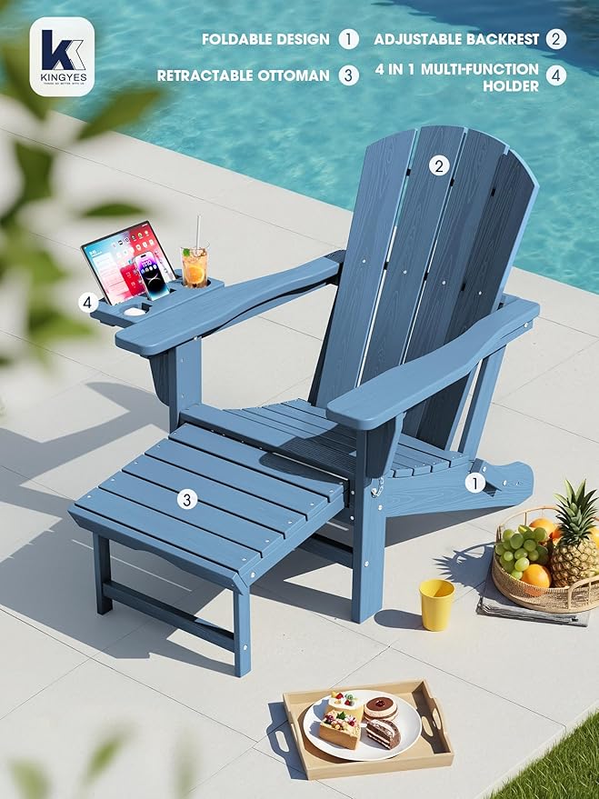 KINGYES Adjustable Folding Adirondack Chair with Footrest & 4-in-1 Multi-Functional Armrest Organizer Set of 4, HDPE Foldable Recliner Adirondack Chair with Pull-Out Ottoman, Blue