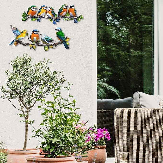 Metal Bird Outdoor Wall Art Decor - Hummingbird Wall Silhouette Art, Bird on Branch Wall Sculpture Hanging Indoor Outdoor for Your Yard, Garden and Patio (2 Pack)