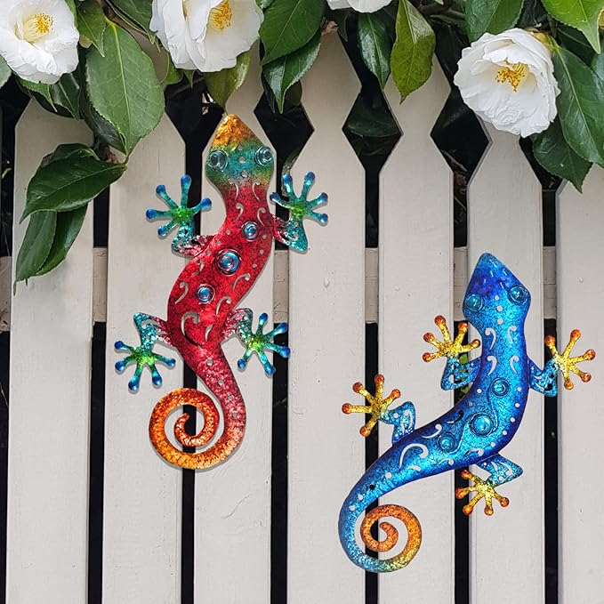 Metal Lizard Outdoor Decor Metal Gecko Wall Art Hanging Garden Fence Yard Patio Set of 2