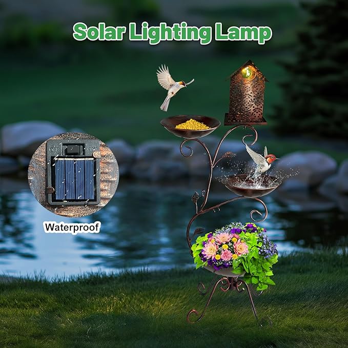 HONGLAND Bird Bath for Outside, 37" Antique Brass Metal Bird Bath Outdoors with Solar Lights, 4-in-1 Rust-Resistant Bird Feeder and House Combo, Detachable Flower Pots for Garden Yard Patio Decor