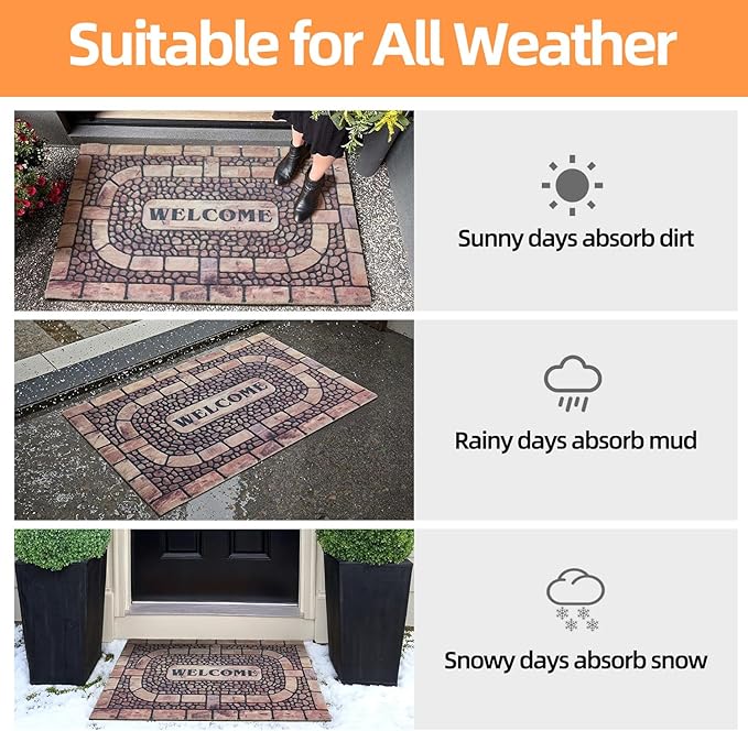 Welcome Mat Front Door Mat Indoor Outside Entrance, Absorbent Heavy Duty Doormat with Non Slip Backing Entryway Rug for Front Back Door, 24x36, Cobble Print