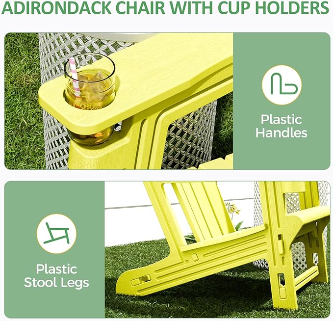 Adirondack Chair，Plastic Outdoor Chairs Without Screws Install，Patio Adirondack with Cup Holder，400 LBS Capacity Recliner Chair Garden Chair for Backyard Lawn Beach Yellow