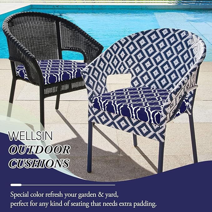 Wellsin Outdoor Chair Cushions for Patio Furniture - Patio Chair Cushions Set of 4 - Water Resistant Round Corner Outdoor Seat Cushions 17"X16"X2", Trellis Navy