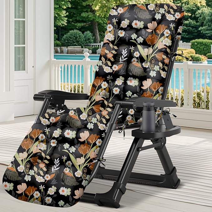 Zero Gravity Chair Cushion Outdoor Chaise Lounge Chair Cushion Waterproof 66 x 21 x 4 Inches Cotton with Ties, Soft Thickened Indoor Outdoor Furniture (Black Peony)