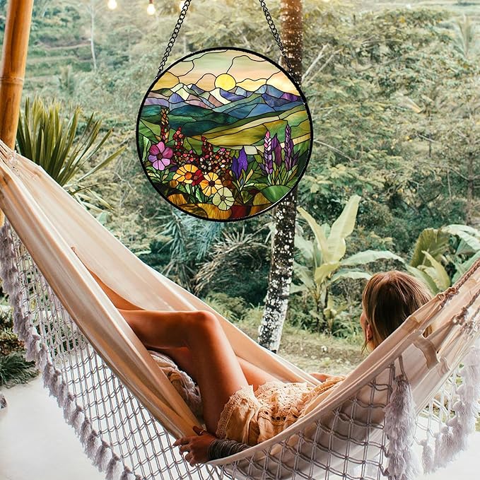 Stained Glass Window Hanging Purple Wildflowers Pastoral Scenery Large 11.8" - Suncatcher Door Garden Sun Catcher Home Decor Birthday Christmas for Mom Men Woman Friend