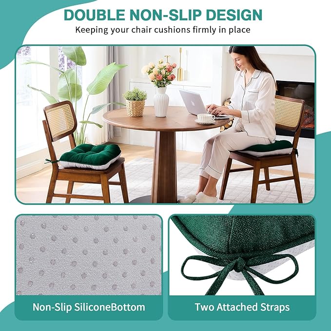 BETU Chair Cushions for Dining Chairs Set of 4,3.5" Thick Kitchen Table Chair Pads with Ties,Non Slip Backing and Covers, Seat Cushion for Dining Room,Bar,Patio Chairs,16"X16"X3.5",Dark Green