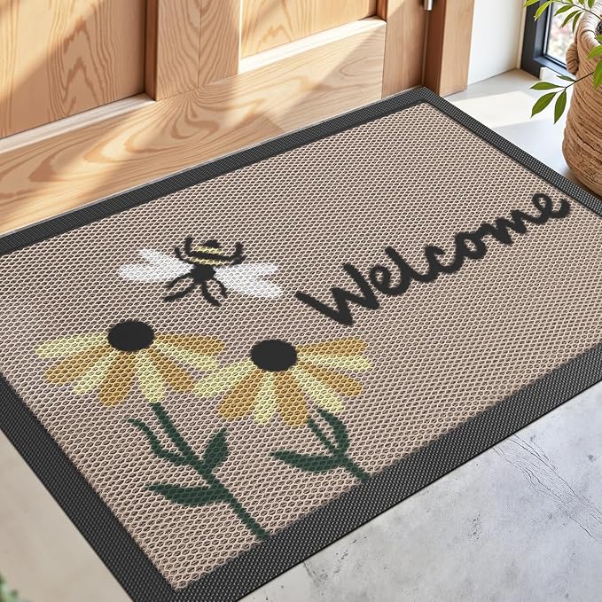 DEXI Front Door Mat Outside Entrance Welcome, Froral Entryway Doormat Dirt Trapper, Heavy Duty Non Slip Entry Mats for Patio Garage Porch Home Decorative, 17x30, Bee and Flower
