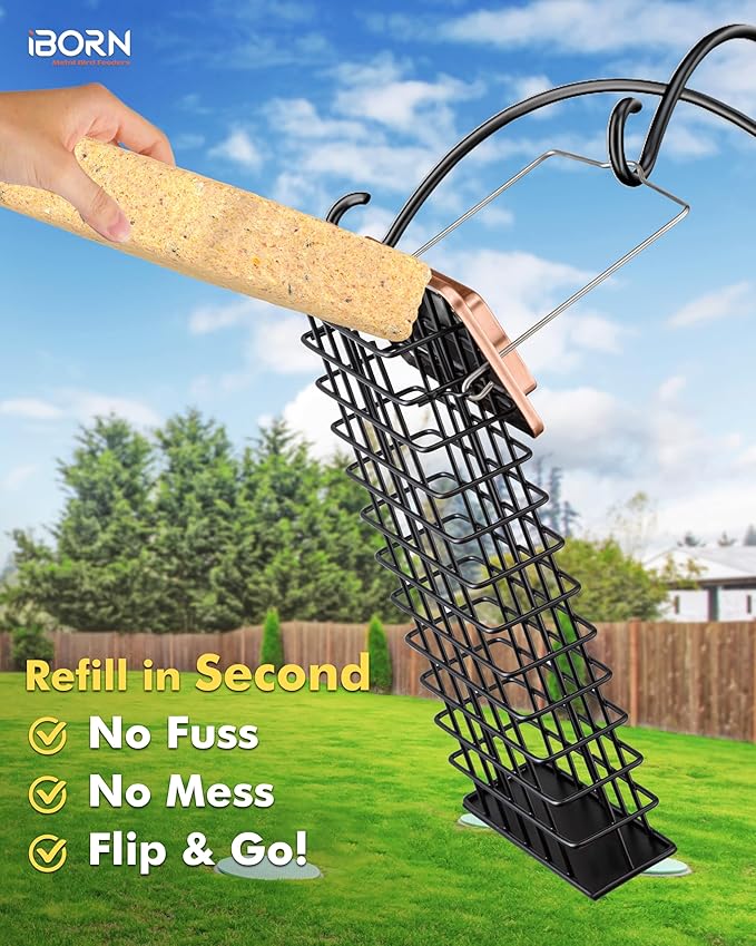 iBorn Metal Double Suet Feeder,Durable Suet Cake Cage Bird Feeder for Outdoors Hanging，Metal Roof Bird Feeder with Taller Grid for Woodpeckers,Large Suet Holder,Easy Clean & Refill,1 Pack,Copper