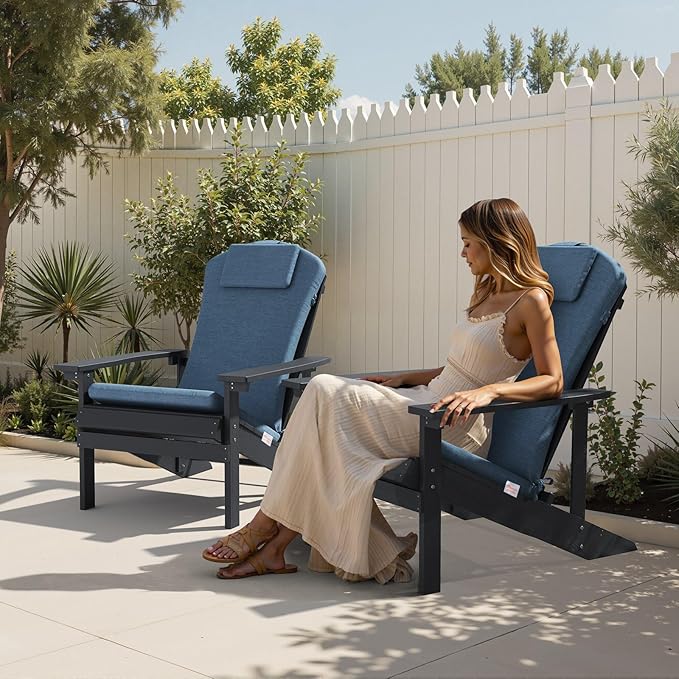 Crestlive 50x20 Inch Sunbrella Adirondack Chair Cushion with Headrest, Water Repellent, Fade Resistant, High Back Rocking Chair Cushion for Patio, Denim Blue