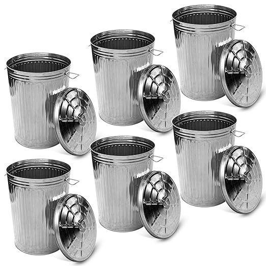 Plexon Metal Trash Can with Lid Outdoor 20 Gallon Galvanized Steel Garbage Bucket with Lid Silver, 6 Pack