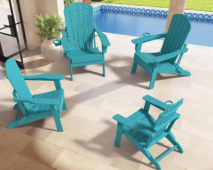 Upgraded Folding Adirondack Chair with All-Weather Cup Holder-EcoVida, Premium Wood Grain Texture, HDPE Waterproof, Suitable for Fire Pit, Patio, Porch, Aruba
