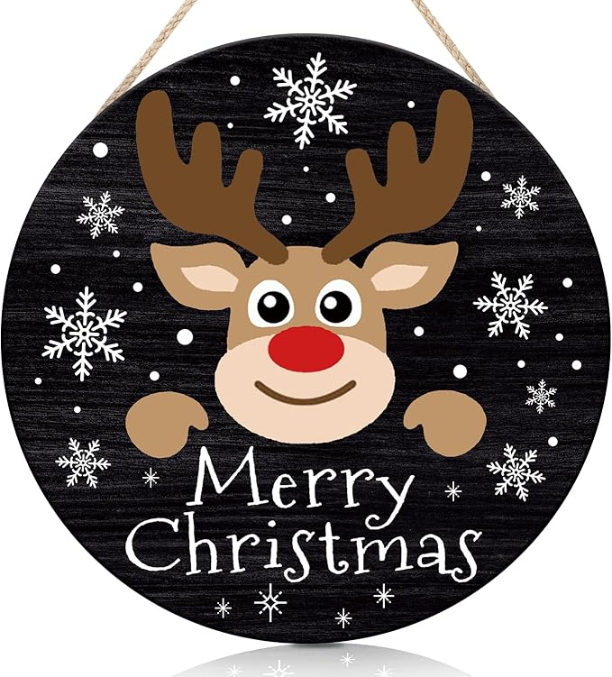 CHDITB Merry Christmas Sign,Reindeer Welcome Wood Sign, Farmhouse Round Xmas Wooden Sign,Funny Winter Wooden Door Hanger Decorative,Funny Holidays Deer Face Wooden Front Door Hanger
