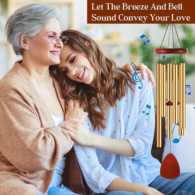 Leinuosen Wind Chimes for Outside Wind Chimes Outdoors Deep Tones 28" with 6 Aluminum Tubes Memorial Sympathy Windchime for Valentine Tree Decor Garden Courtyard Mom Loved One Gifts(Classic,Gold)