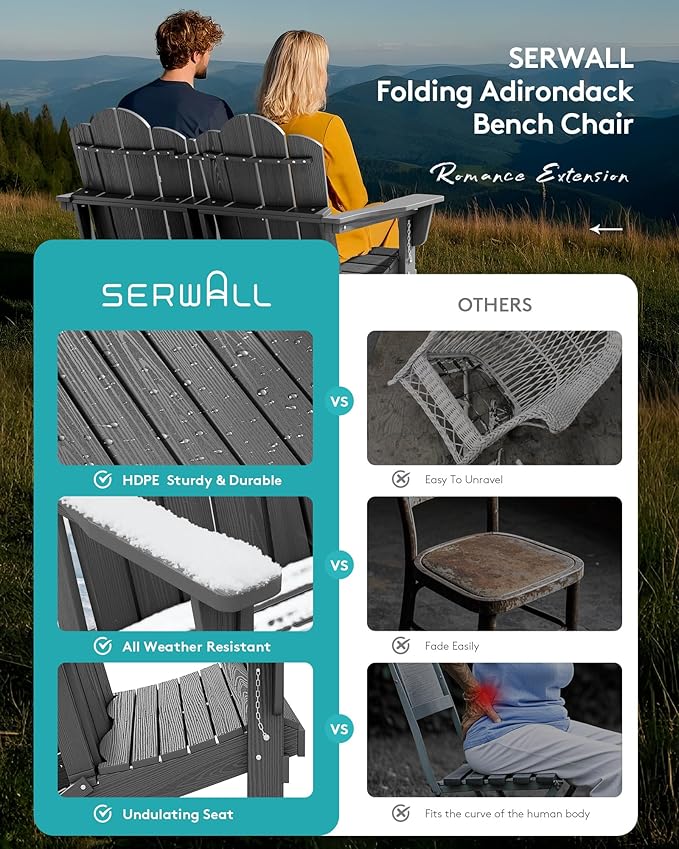 SERWALL Outdoor Patio Adirondack Set, 2 Folding Adirondack Bench & 1 Coffee Table with Umbrella Hole, HDPE All-Weather Adirondack Furniture Set for Front Porch Garden Balcony Backyard, Grey