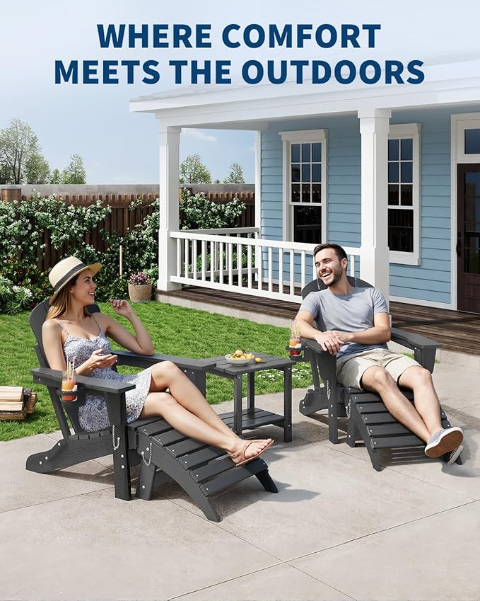 Folding Adirondack Chair Set of 4 with Ottoman, All-Weather HDPE Outdoor Chair, Wooden Textured with Cup Holder for patios, Decks, Gardens, fire pits, Grey