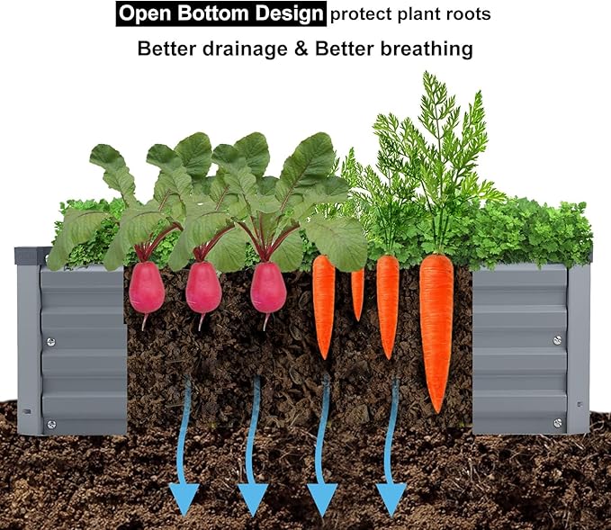2 Pack 8x4x1FT Galvanized Raised Garden Bed Kit, Outdoor Metal Planter Box for Vegetables, Bottomless Rectangular Gardening Bed with Support Rods, Tool-Free Assembly, Gray