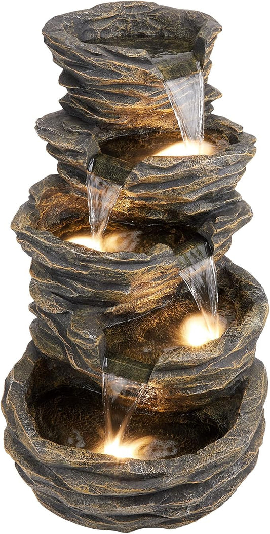 Alpine Corporation 39" Tall Outdoor 5 Tiered Natural Look Rock Water Floor Fountain with Replaceable Lights, Brown