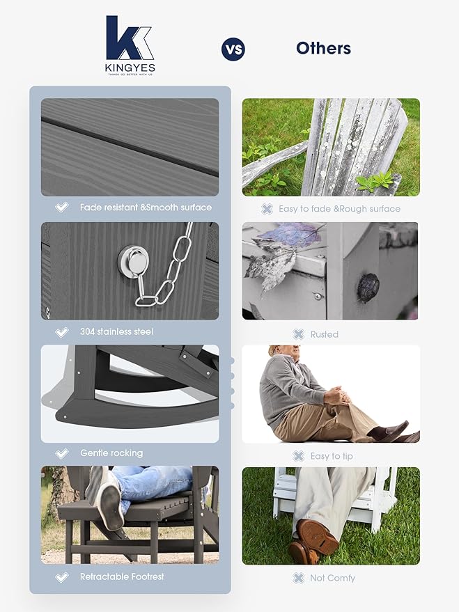 KINGYES Adirondack Rocking Chair with Retractable Ottoman and Cup Holders, HDPE Adirondack Rocker Patio Rocking Chair for Porch, Patio, Balcony, Leaden Grey