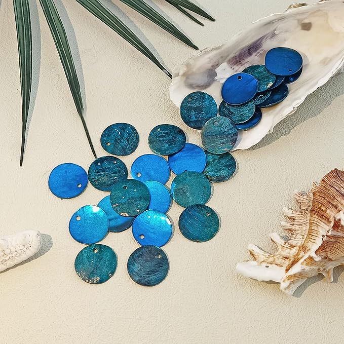 Firstmeet Shell Beads 65pcs Natural 20mm Flat Round Mussel Shell Coin Drop Charm Beads with Iridescent Back for Handcraft Jewelry Making(DIY-1023-Sea Blue-20)